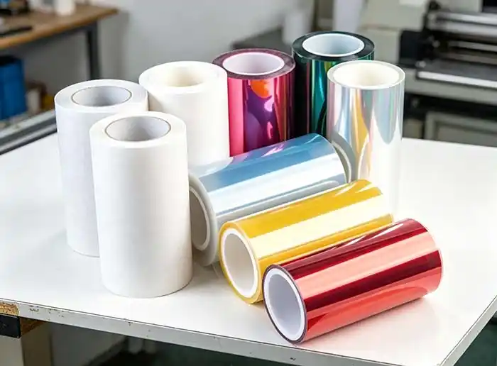 Release paper roll and release film roll side by side on a converting production line